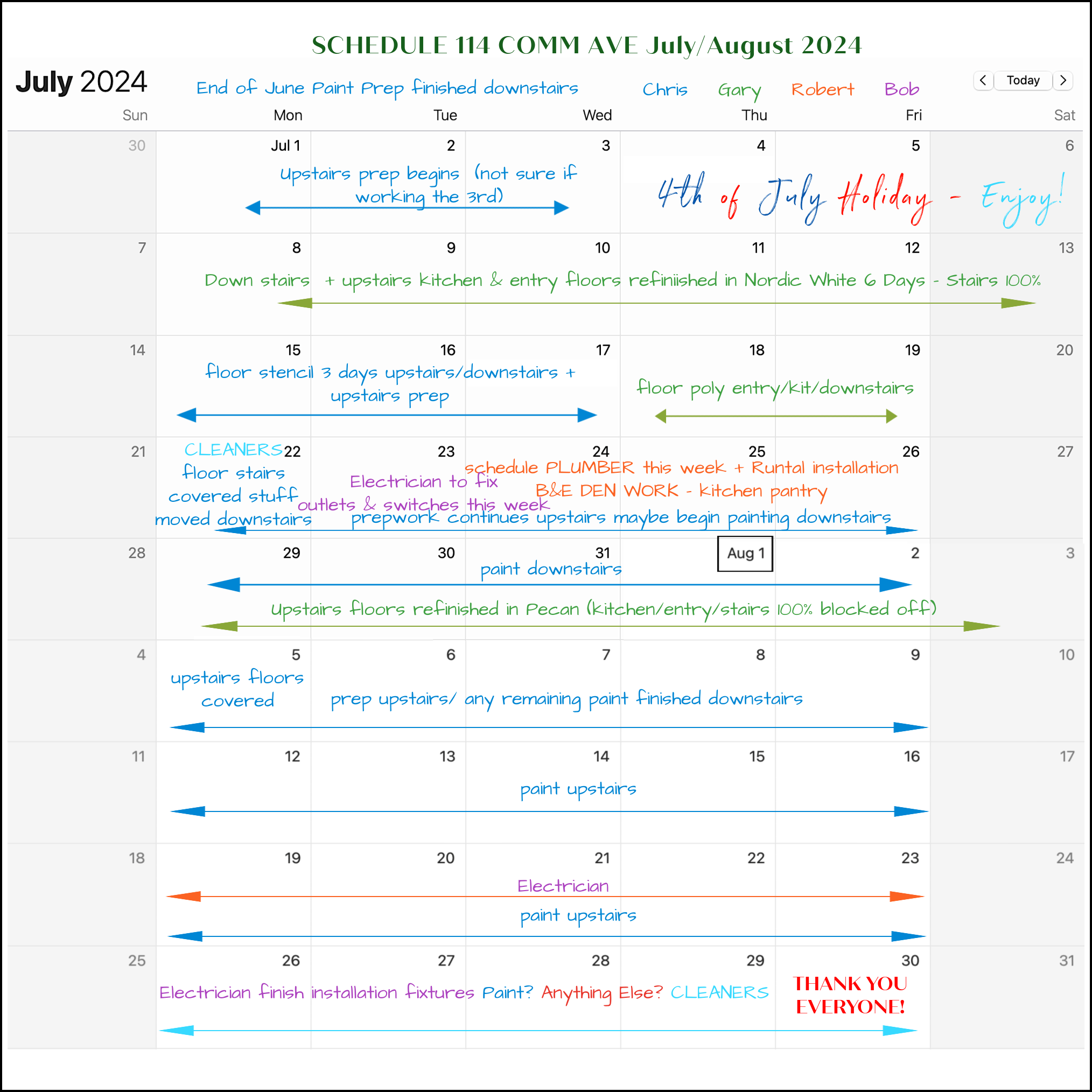 schedule july and august 114 Comm Ave - renovation end date