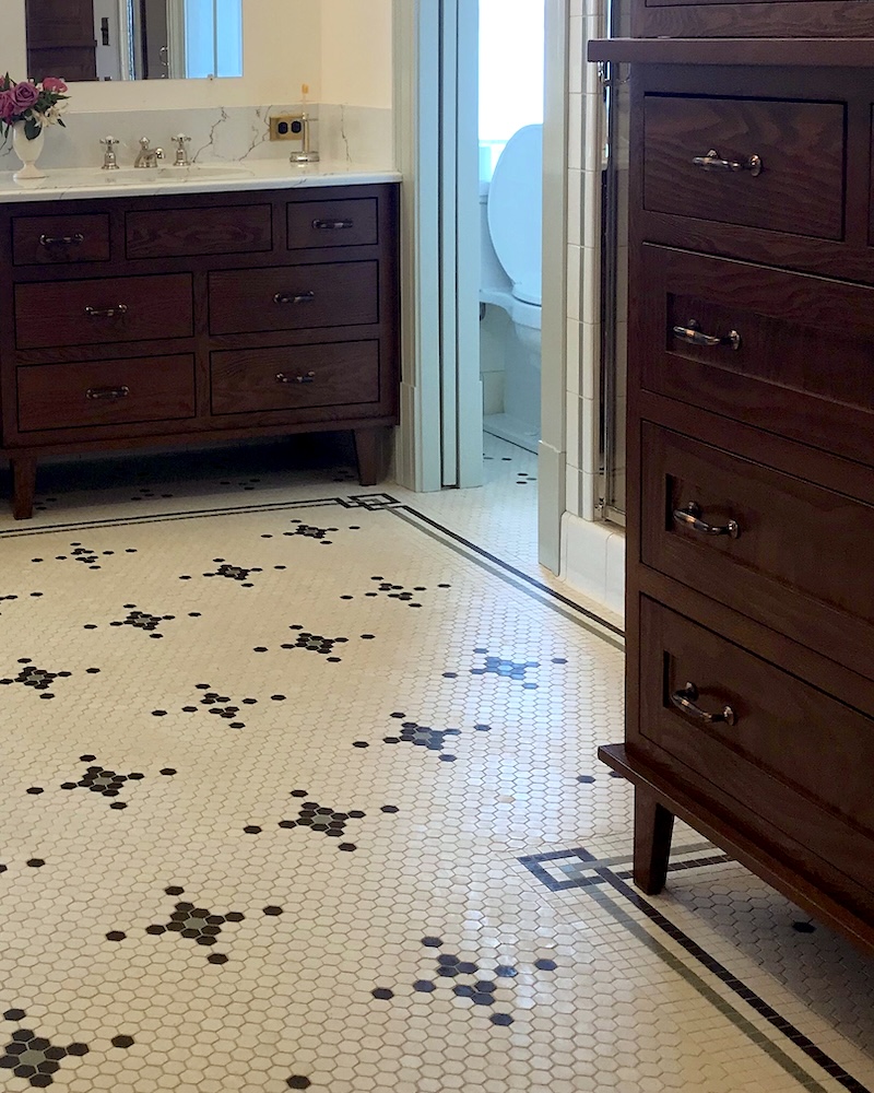 Earl Hex bathroom floor tile American Restoration Tile in situ