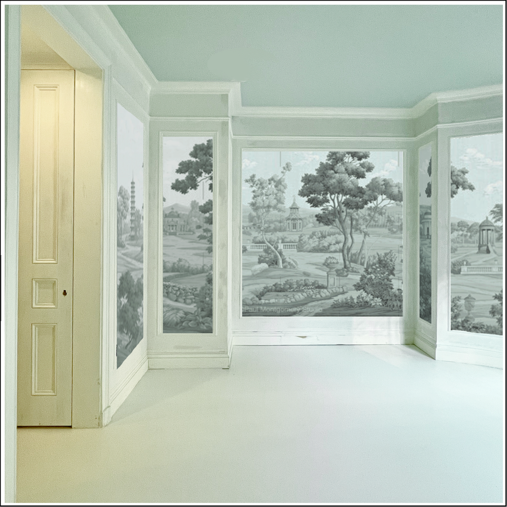 The Mural Source English Parks Grisaille primary bedroom suite with a new white painted floor