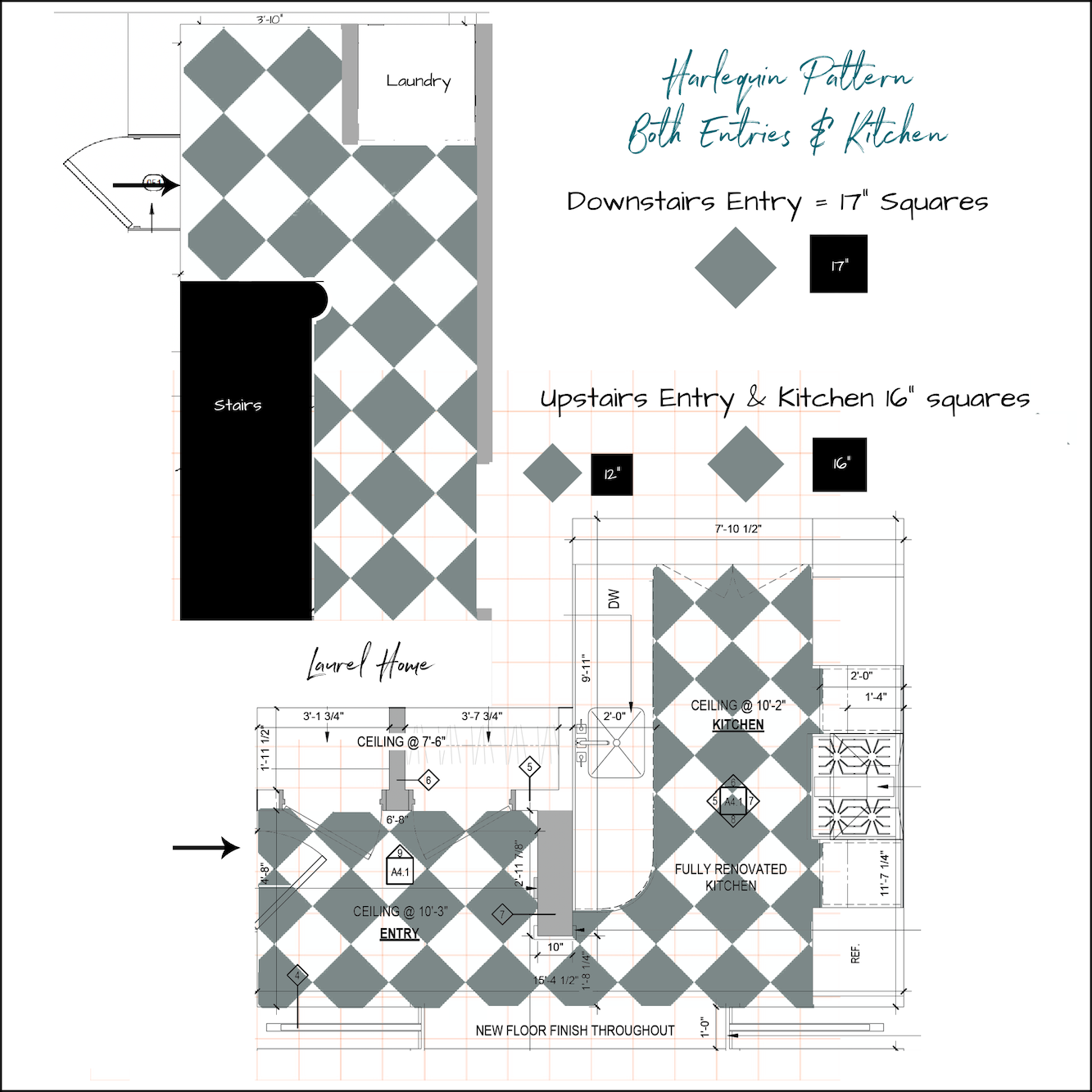Harlequin pattern layout both entries & kitchen