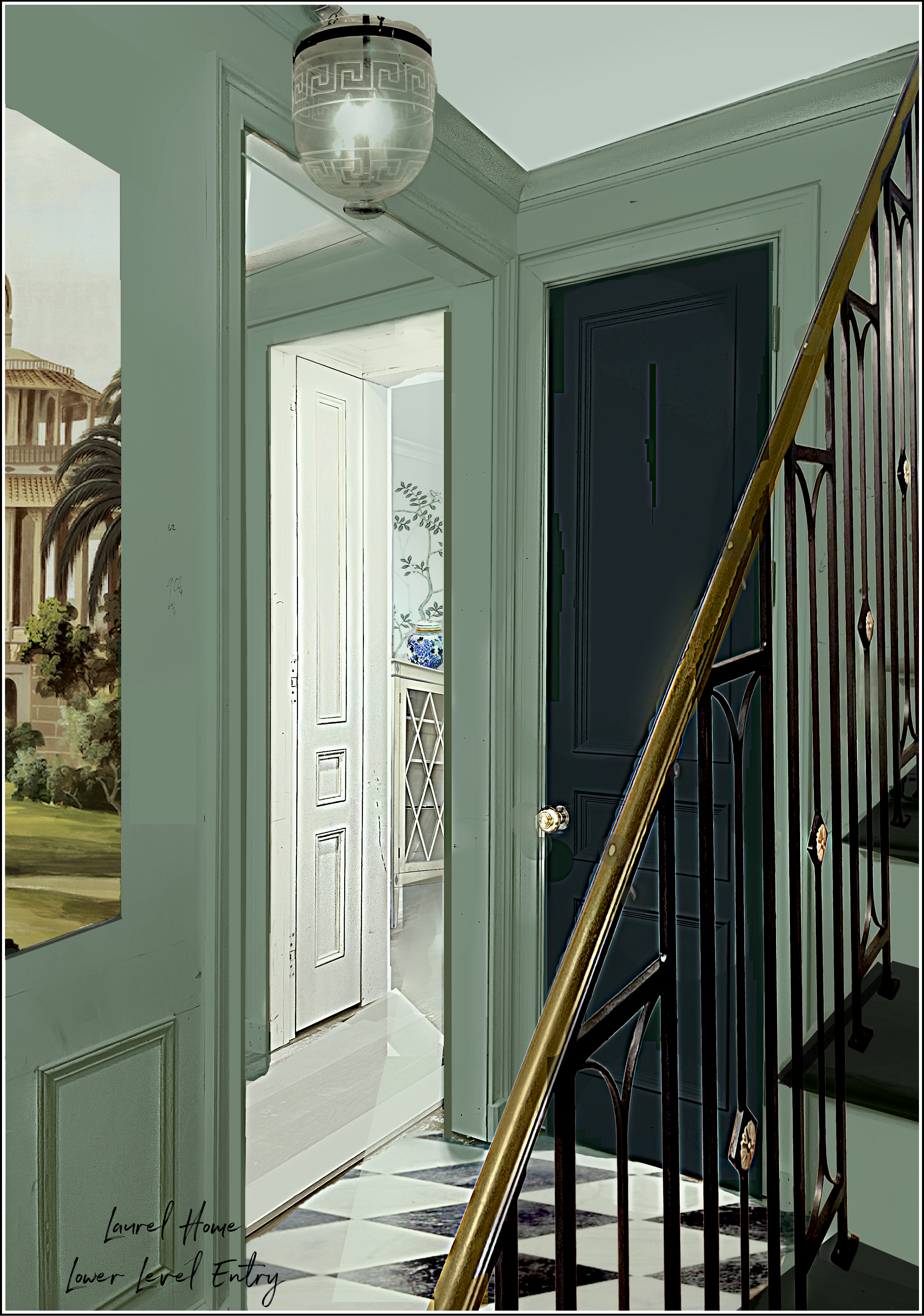 New Entrance hall - bedroom The Mural Source Solitude - Linen closet Farrow & Ball Chappell Green - Benjamin Moore Grenadier Pond