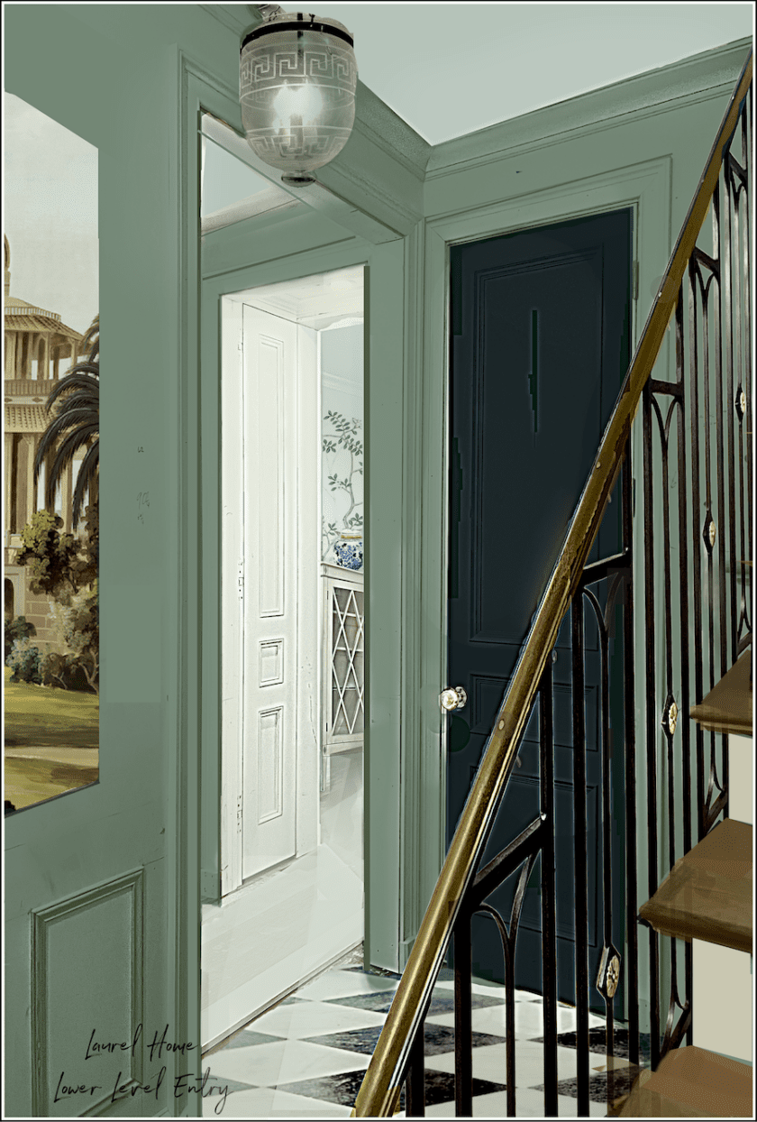 New Entrance hall - bedroom The Mural Source Solitude - brown stain stair treads - Farrow - Ball Chappell Green - Benjamin Moore Grenadier Pond-Cotton Balls Embrasure Doors pecan stair treads