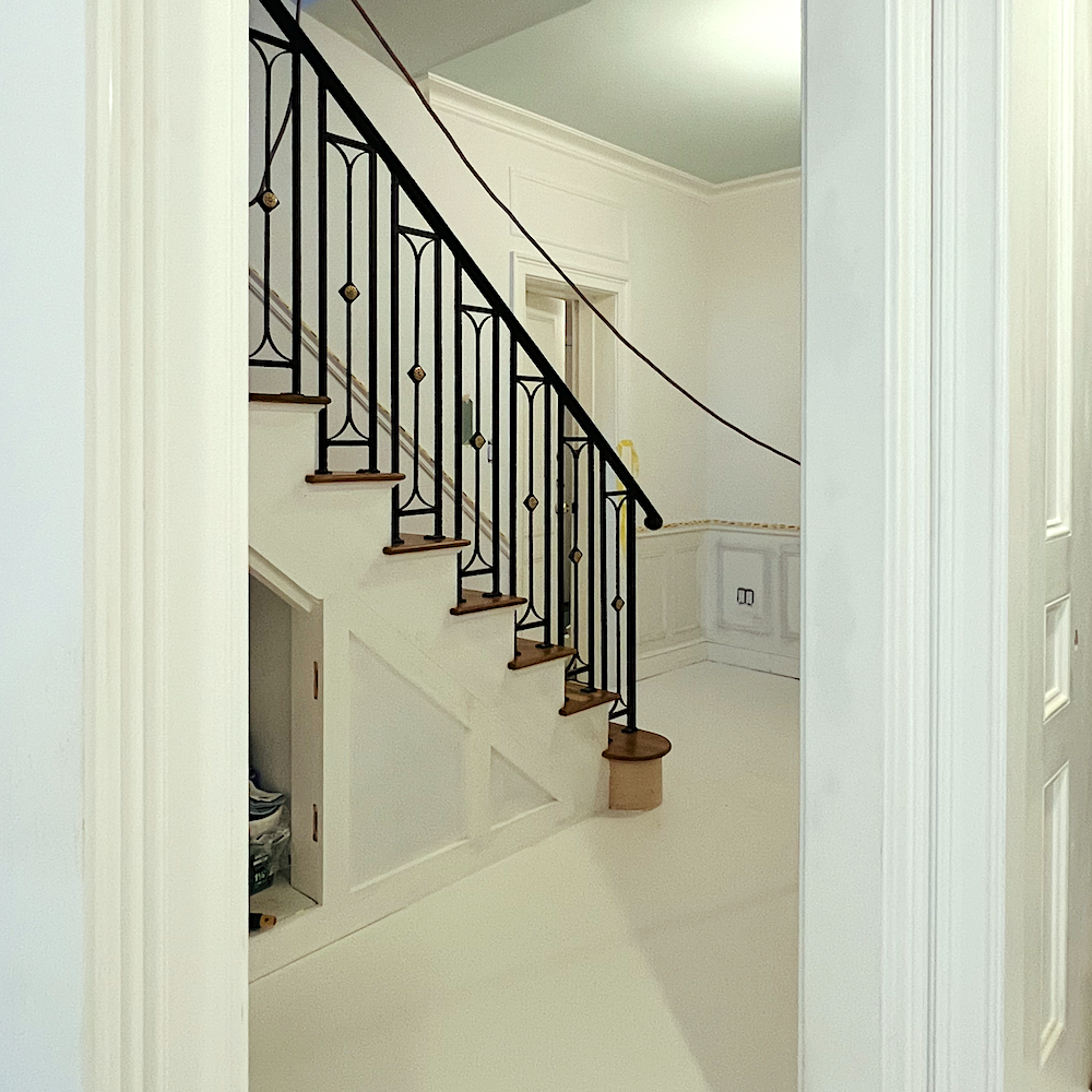 Primary Bedroom Suite - painted white floor - staircase=Benjamin Moore White Dove