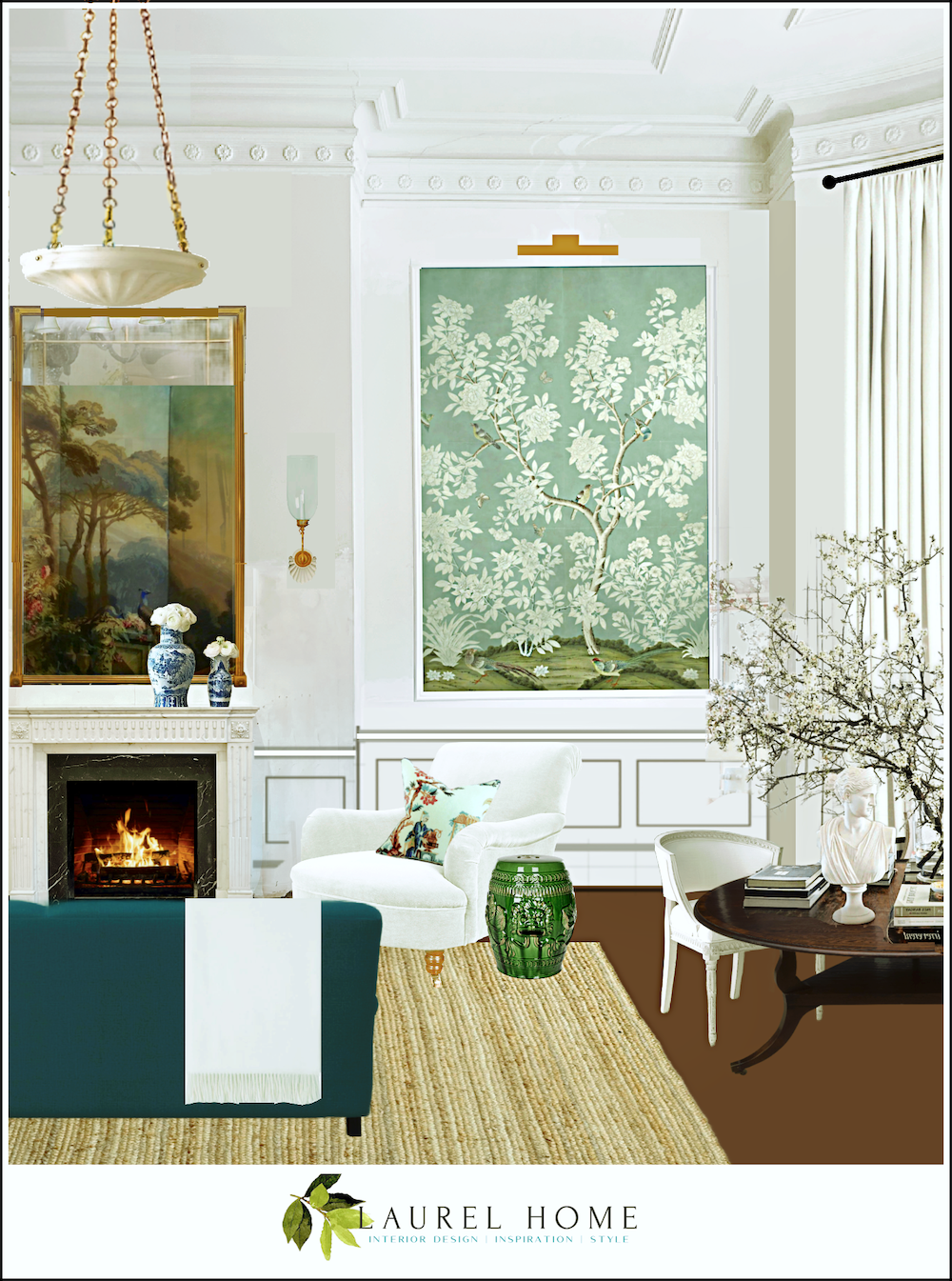 My living room desing - Gracie - Hampton Garden Chinoiserie double panel celadon - Antique Light Gallery - Palladian alabaster 24 inch chandelier