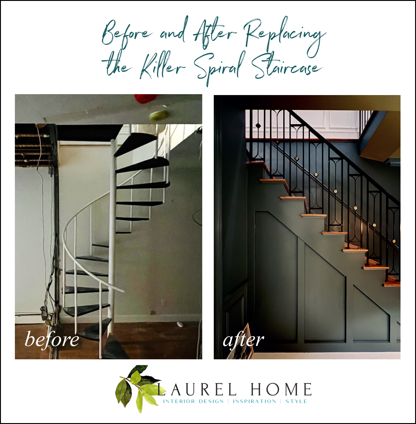 before and after - hideous sprial staircase renovation mistakes