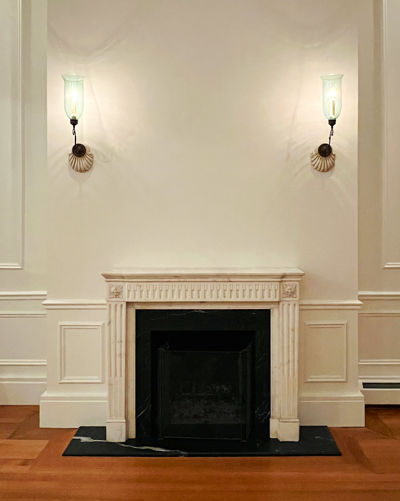 marble fireplace mantel - Anglo-Indian sconces