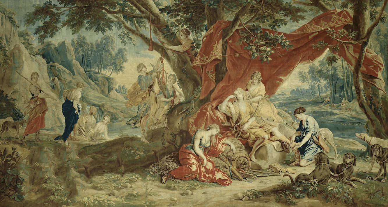 17th Century Pastoral Romance Tapestry Reproduction: A Serene Woodland Scene with Noble Figures, Lavish Drapery, and Hunting Hounds in a Classical Allegory RE151479