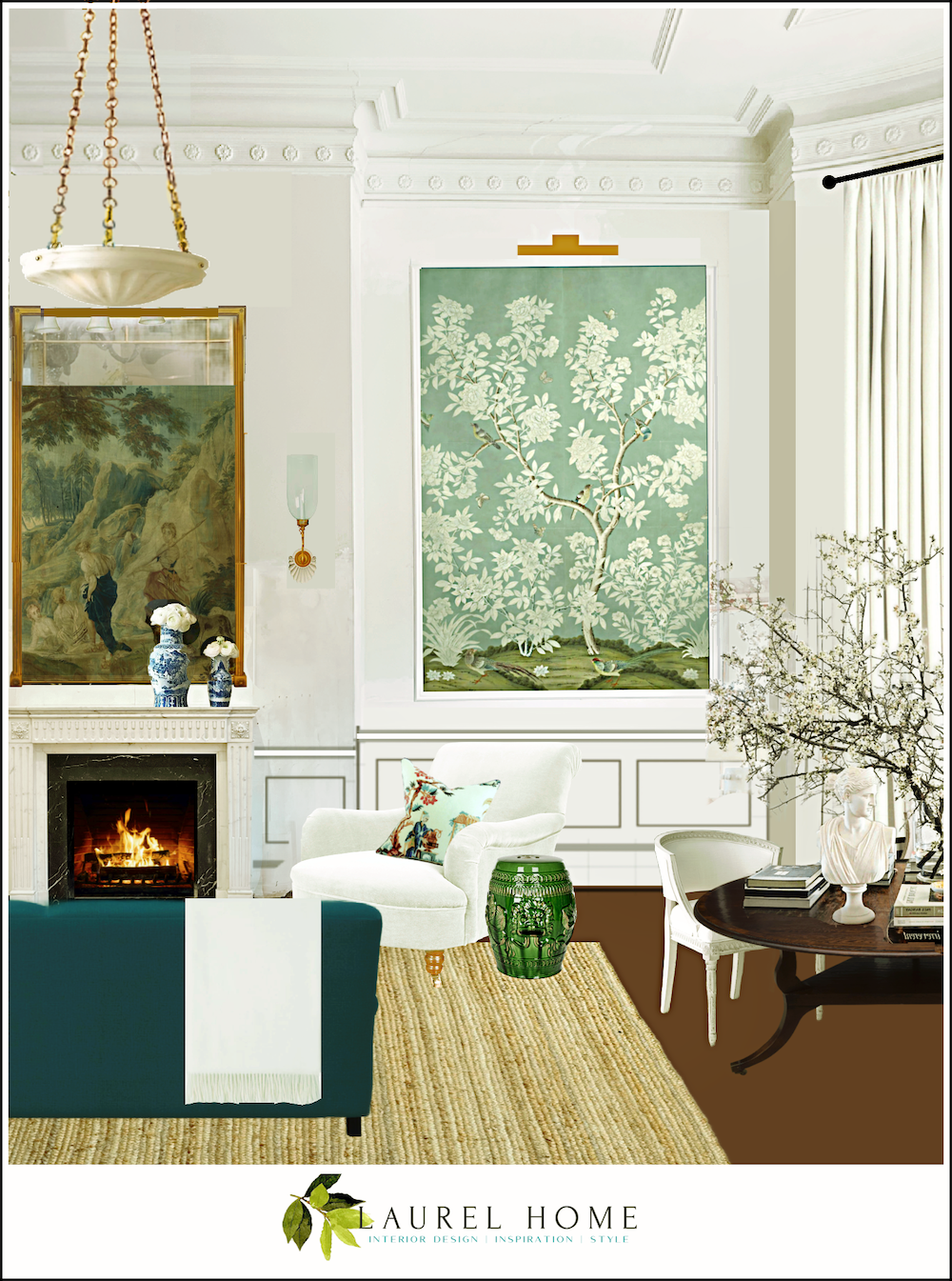 My living room desing - Gracie - Hampton Garden Chinoiserie double panel celadon - Antique Light Gallery - Palladian alabaster 24 inch chandelier - Romantic English art