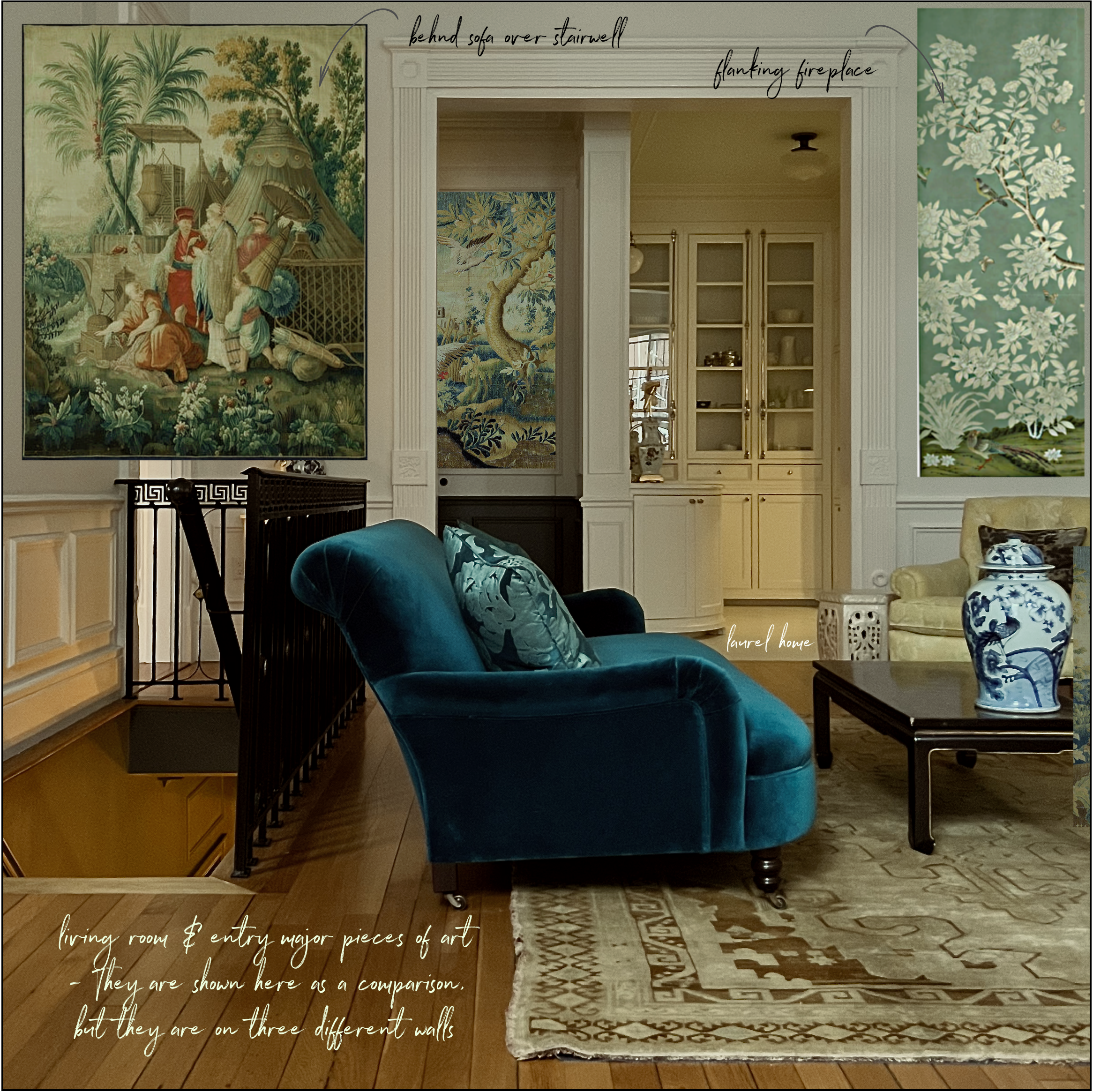 living room art with entry mural and Gracie panels, as a schematic.