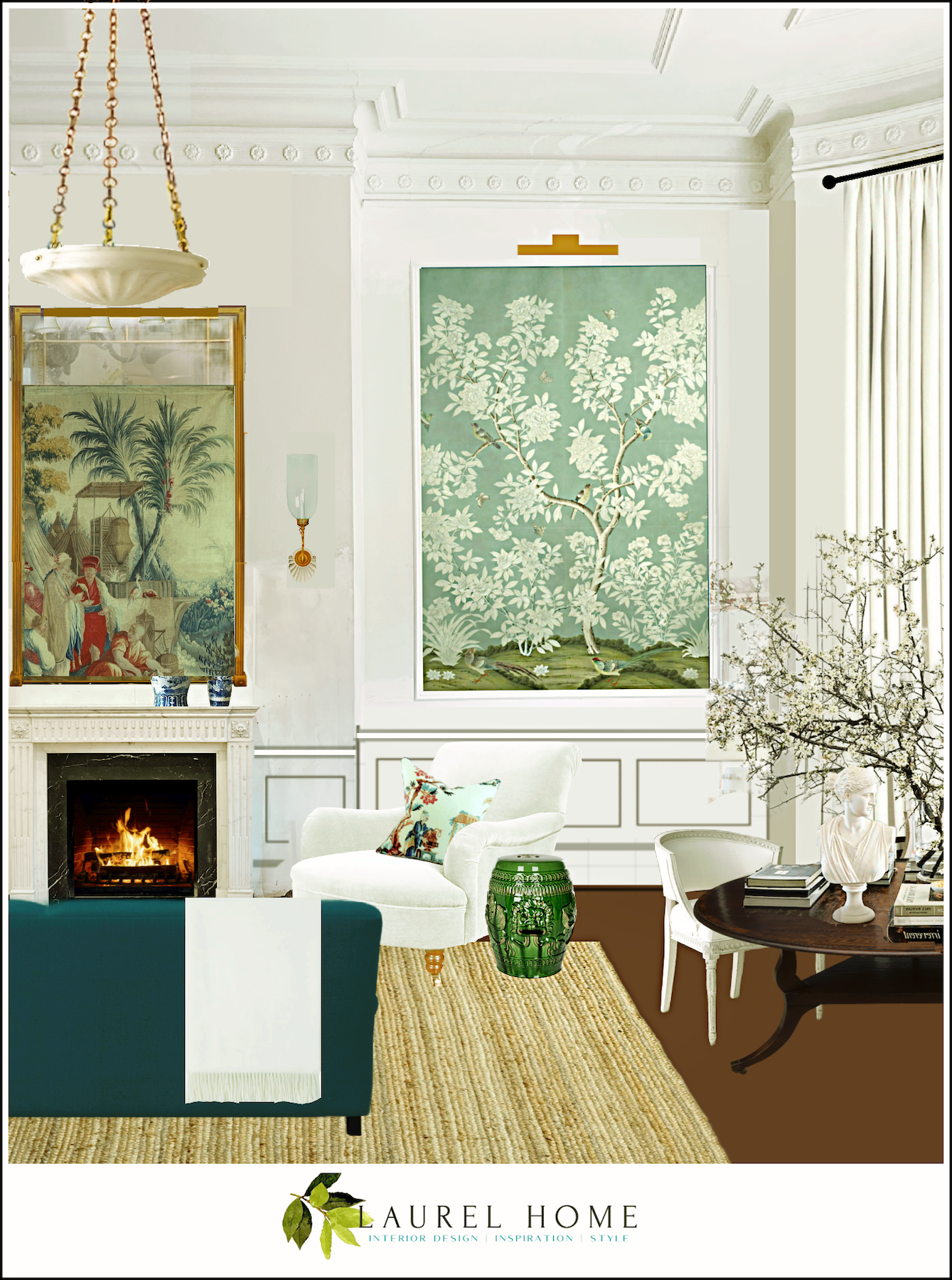 My living room design - Gracie - Hampton Garden Chinoiserie double panel celadon - Antique Light Gallery - Palladian alabaster 24 inch chandelier - Boucher Louis XVI tapestry