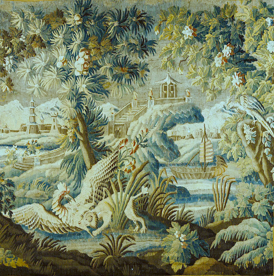 RE678036 Chinoiserie tapestry - Recolored to use as wall covering in my entry