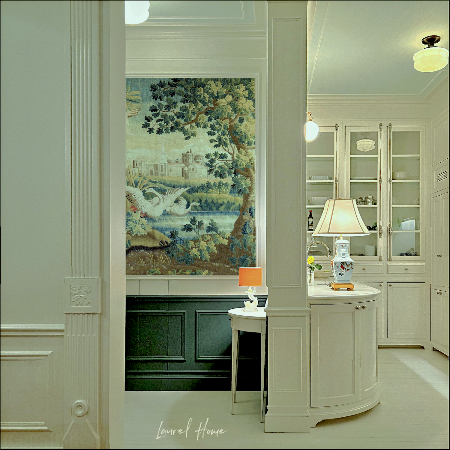 entry-kitchen with lamps with Romantic English wall covering