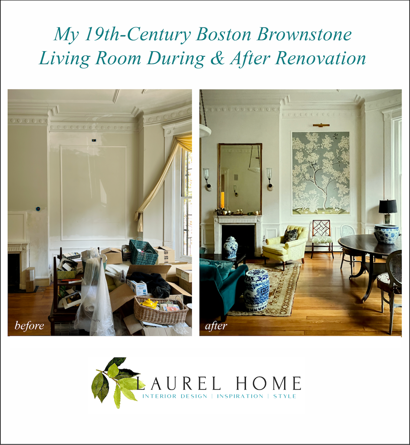 My 19th-Century Boston Brownstone Living Room During & After Renovation