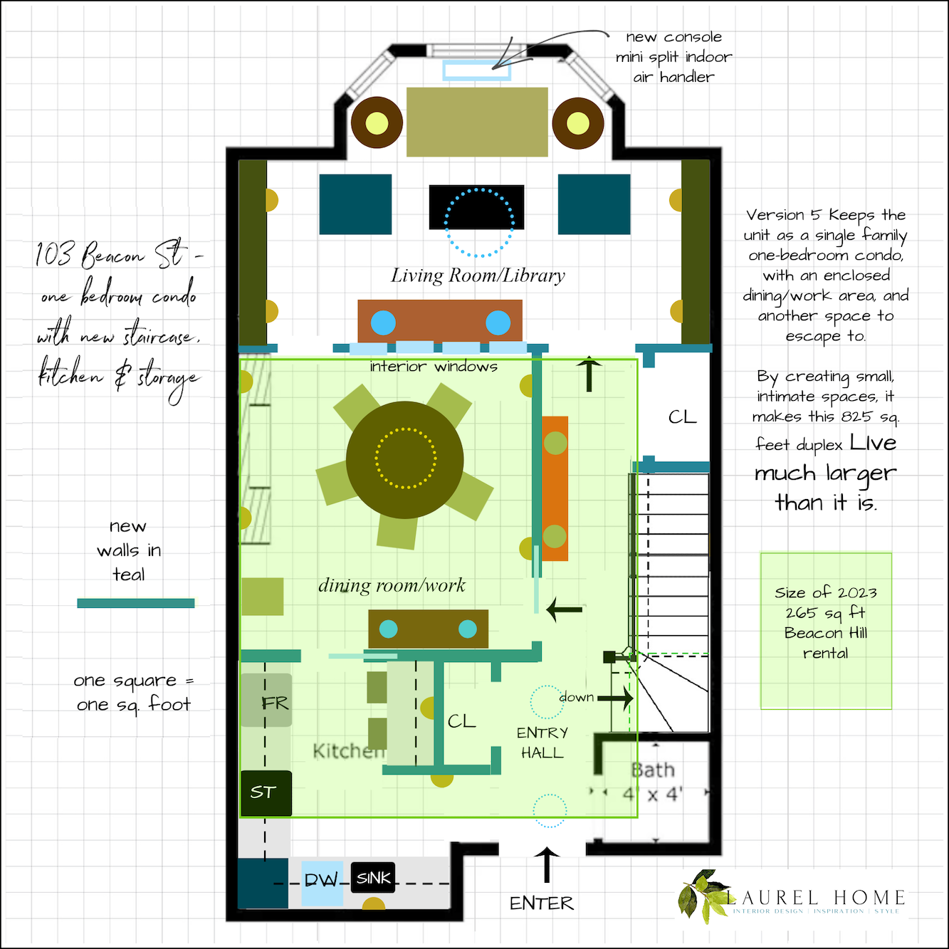 One-bedroom condo + with separate dining room - charming hallway- new staircase