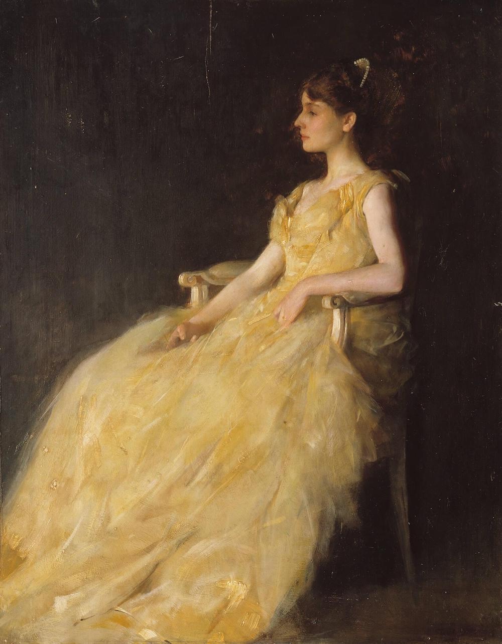 THOMAS WILMER DEWING (BOSTON, 1851 - 1938, NEW YORK) LADY IN YELLOW, 1888 Oil on panel-Lady in Yellow Gardner Museum- brown-masculine room