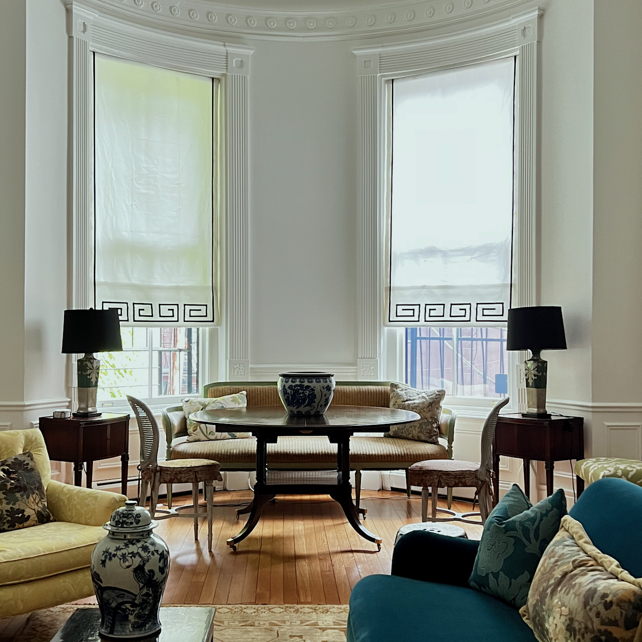 living room Roman Shades Custom Greek Key trim