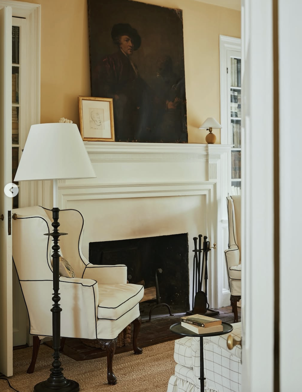 Josh Young slipcovered wing chair - wall color possibly Benjamin Moore Chestertown Buff hc-9