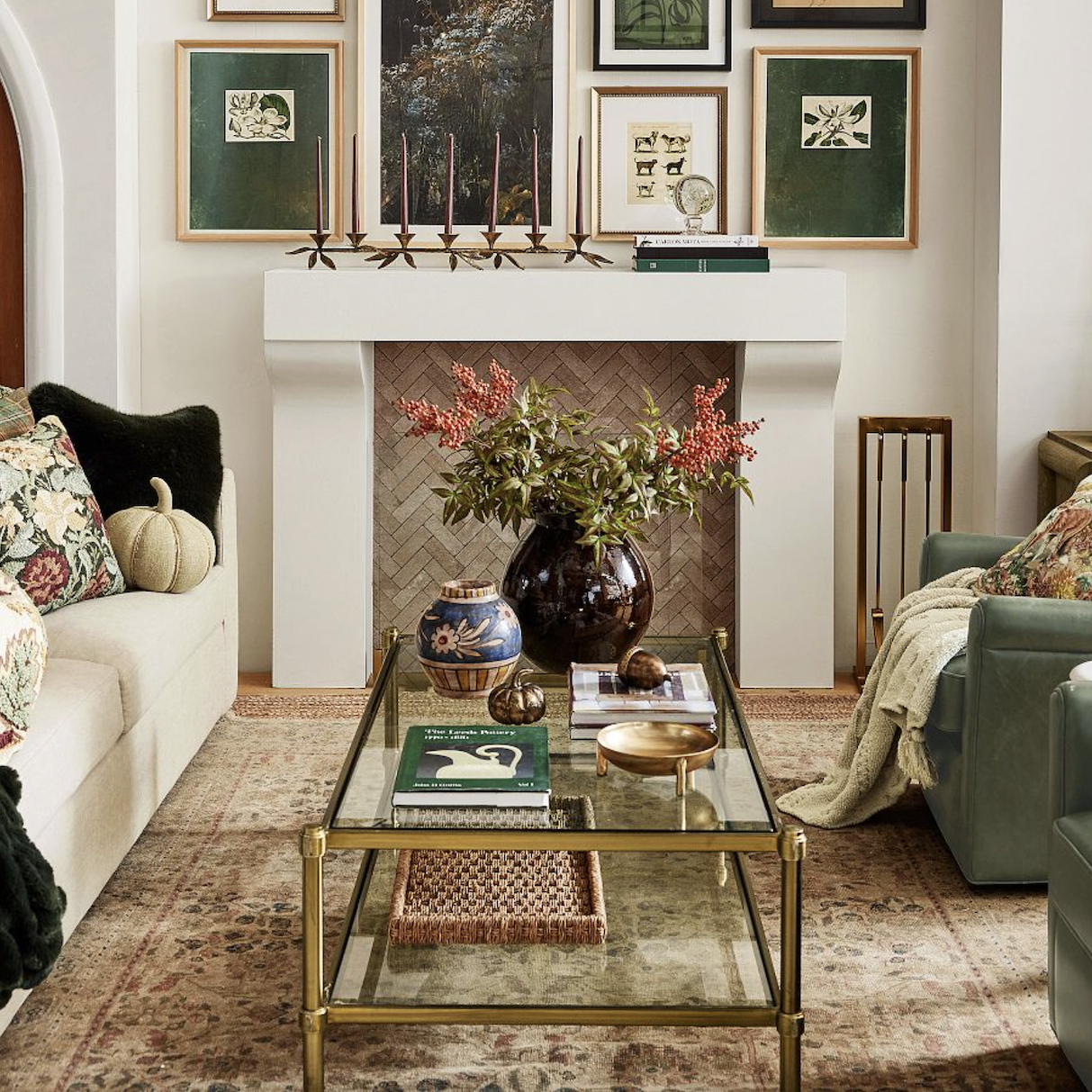 Pottery Barn Everson antique brass and glass coffee table - beautiful living room furnishings