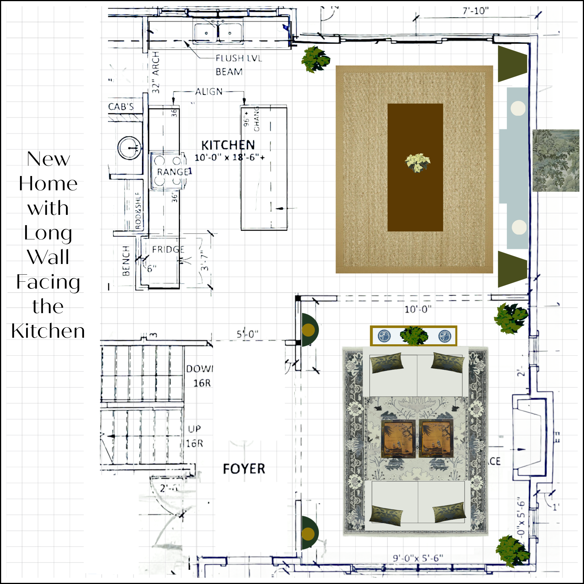 new home with long wall facing kitchen + Living Room Furnishings