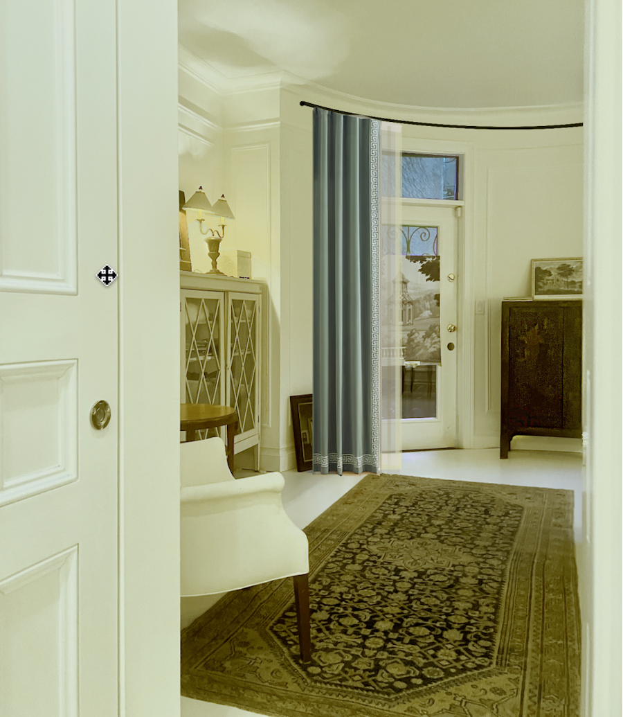 Blue gray velvet drapes with white linen sheer curtains - primary bedroom window treatments