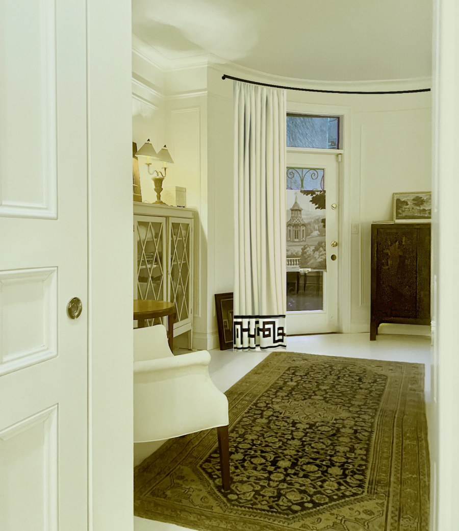 Kelly Wearstler-style Key trim on bedroom drapes