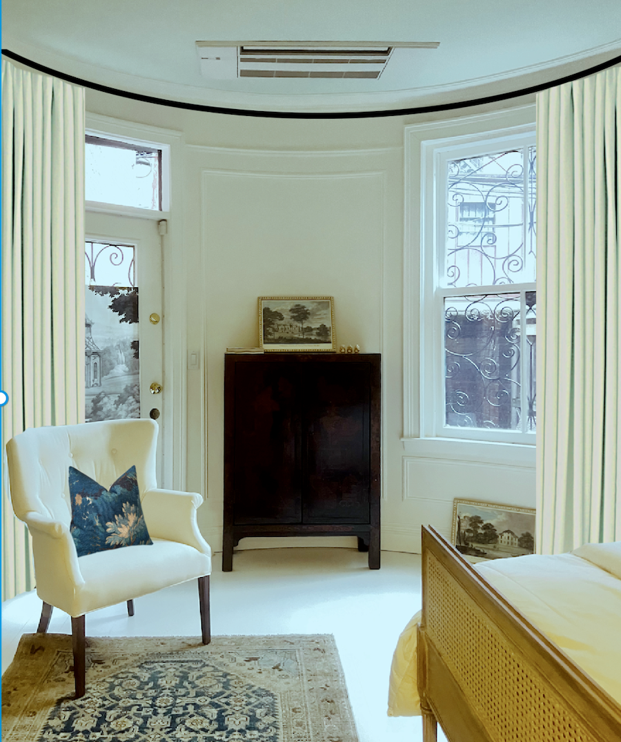 One continuous rod virtual drapes primary bedroom window treatments