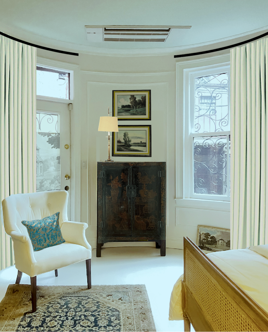 Stylish primary bedroom simple white drapes