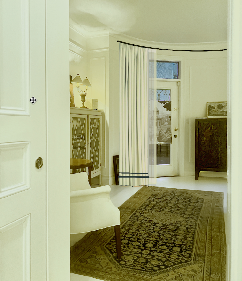 White drapes with trim and sheers - primary bedroom window treatments