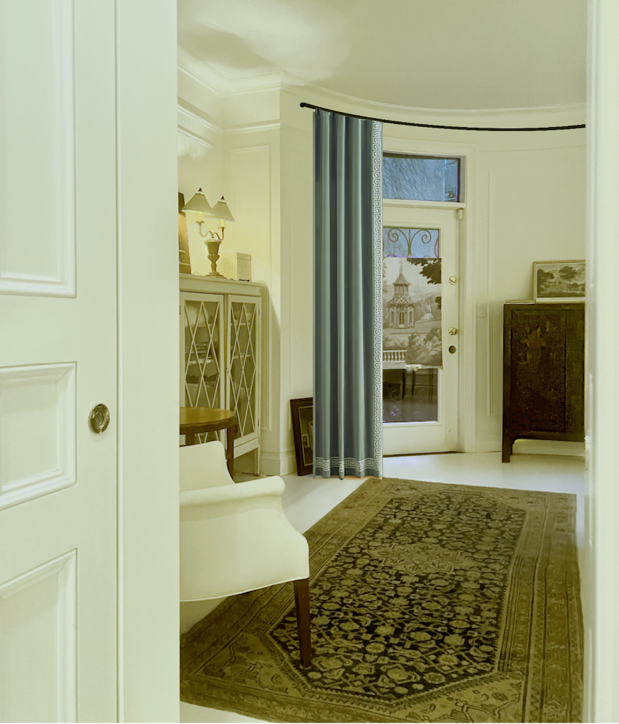 medium gray-blue drapes with Greek key trim