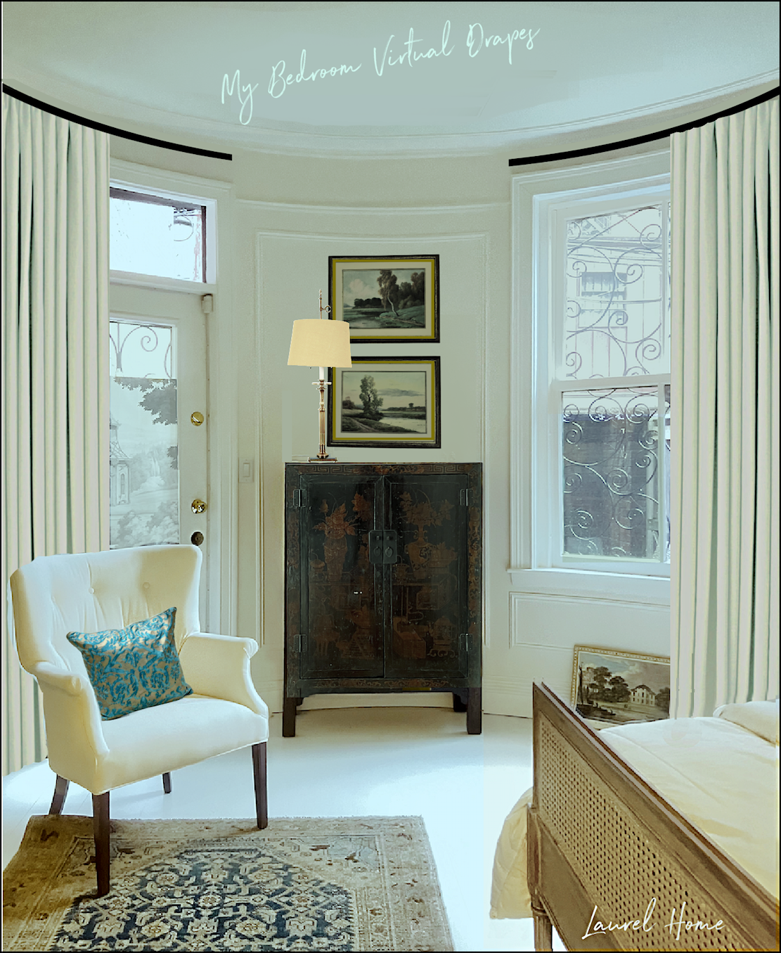 primary bedroom simple elegant white cotton drapes furnishings
