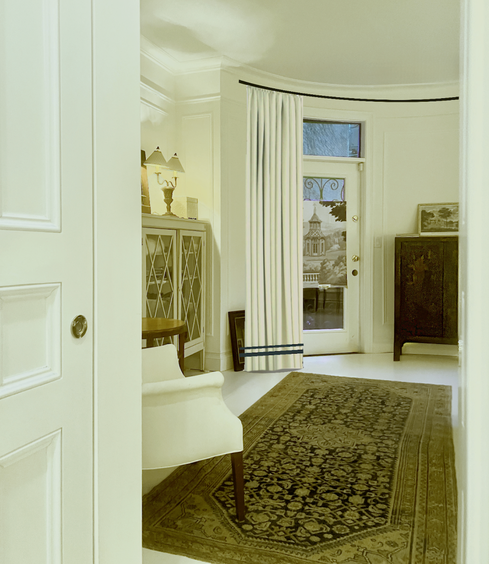 primary bedroomwindow treatments with black trim