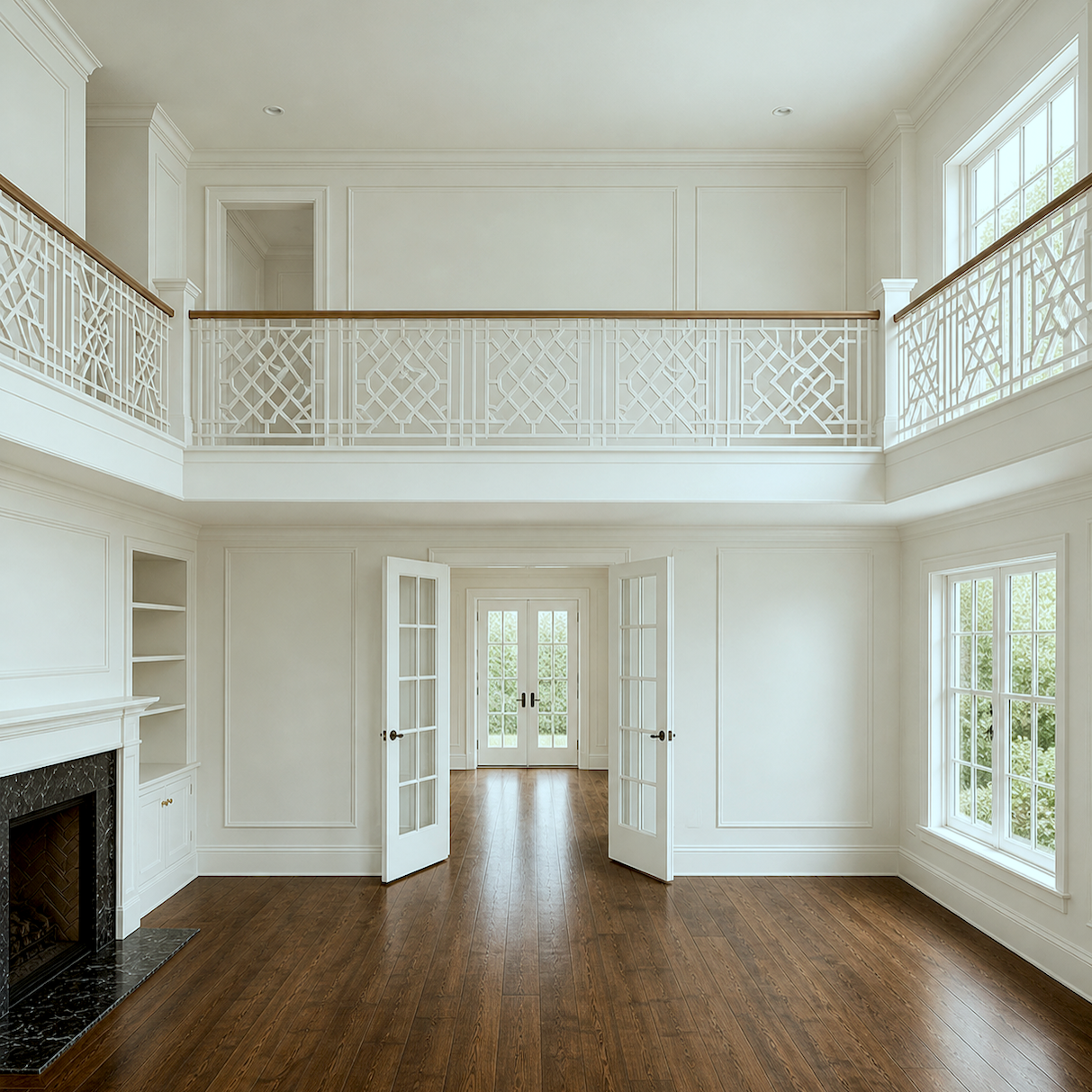 Elegant two-story living room + cat walk+ mouldings+French doors 