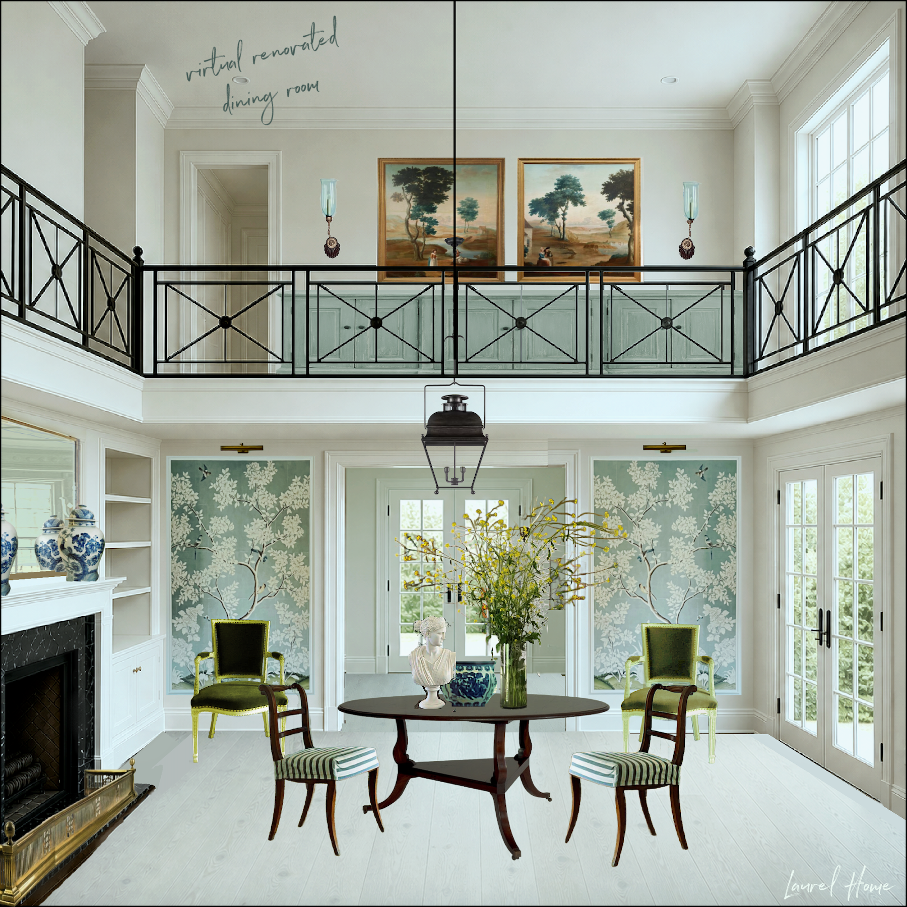 Neoclassical dining room after virtual renovation Laurel Home Blog - - two-story living room