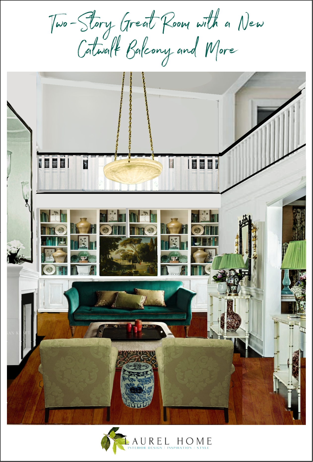 Renovated two-story great room with catwalk