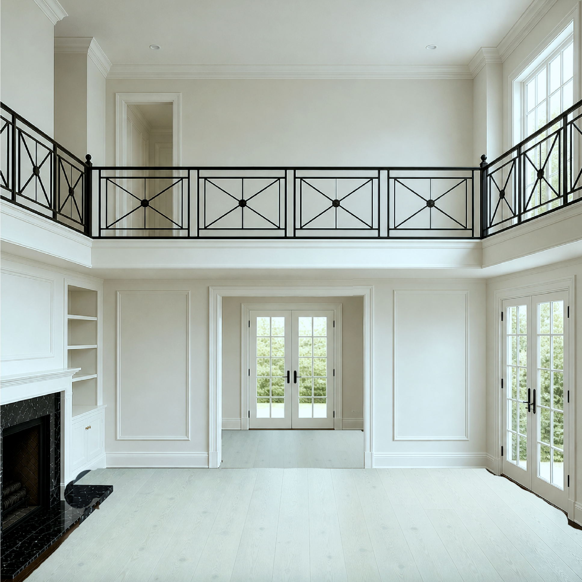 x iron railing on the catwalk with a whitewashed floor