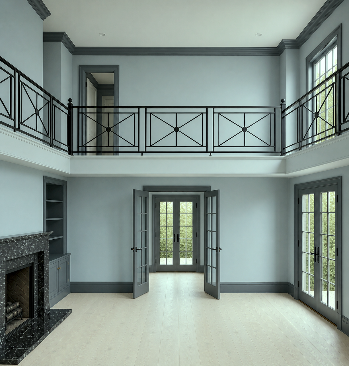 neoclassical living room + iron railing