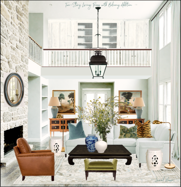 two-story living room +balcony addition +whitewashed stone fireplace