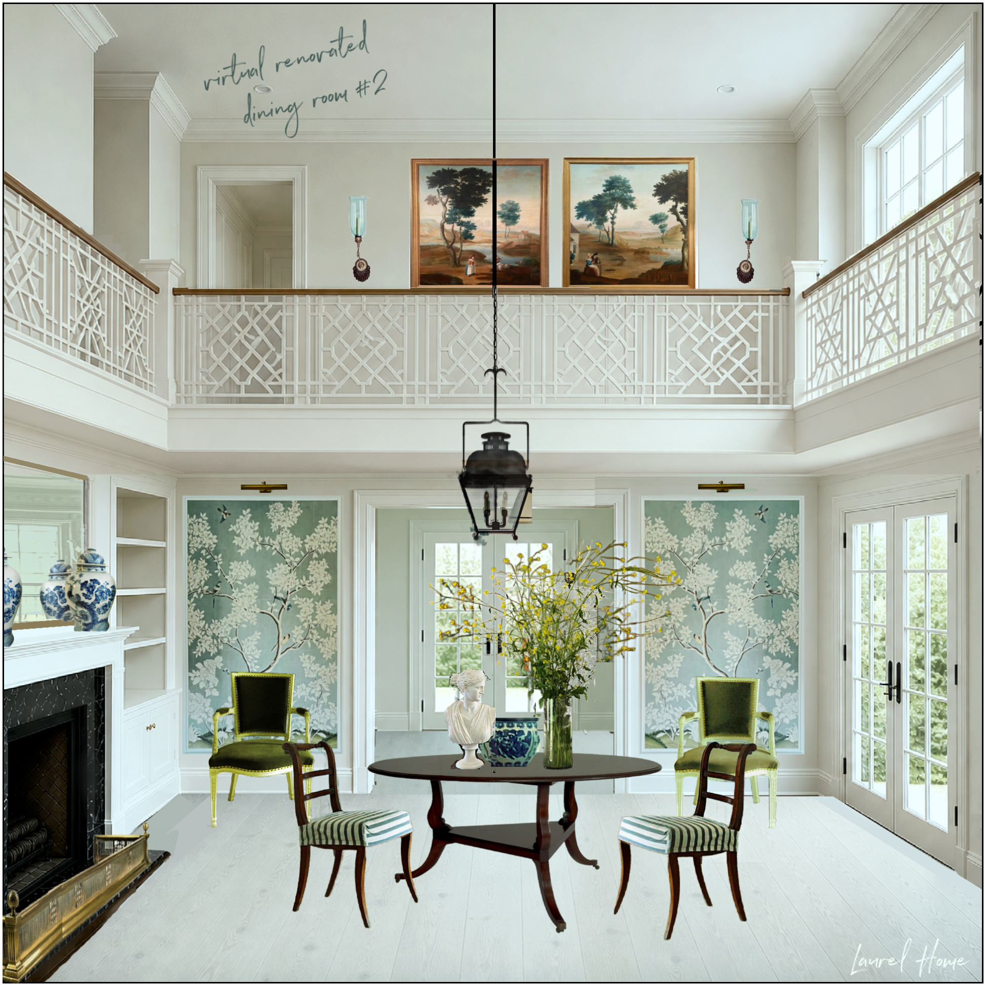 Chippendale-style railing - two-story living room dining room