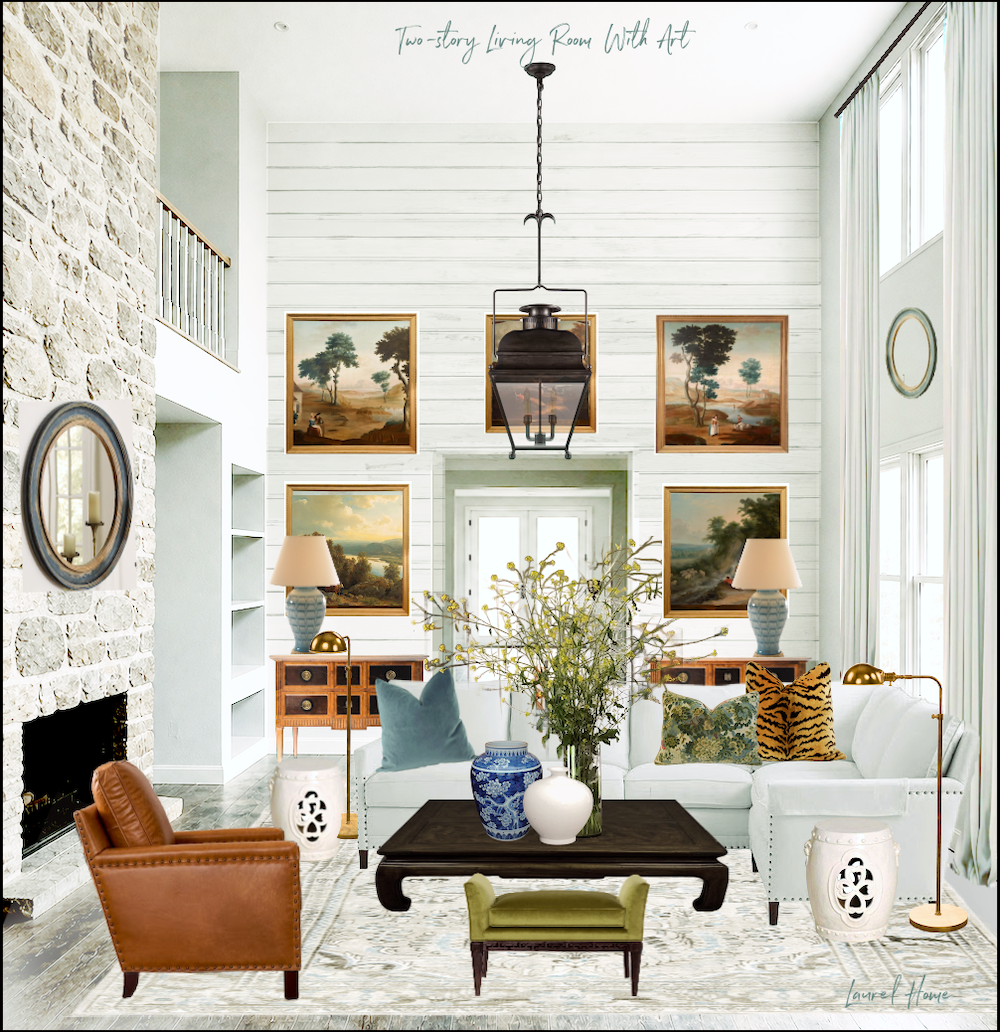white-washed stone white walls - art wall - shiplap accents