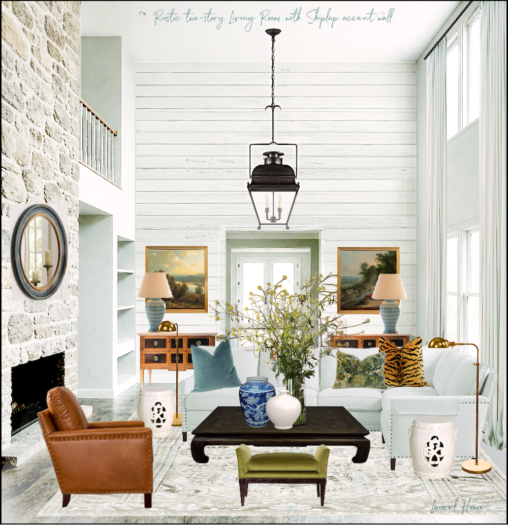 white wash stone white walls shiplap accent wall